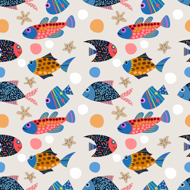 Colurful hand draw fish seamless pattern.
