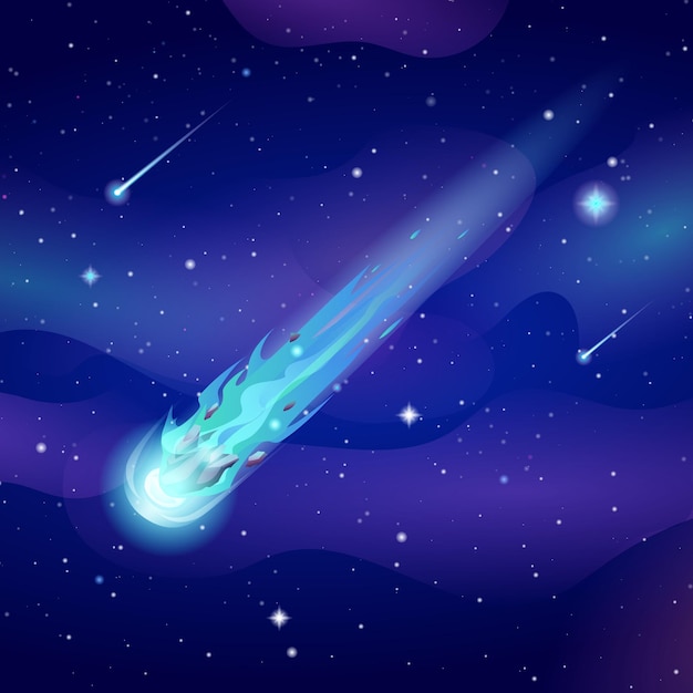 Comet falls with blue fire trail in the starry sky space Asteroid or meteorite flying in night sky Vector cartoon illustration