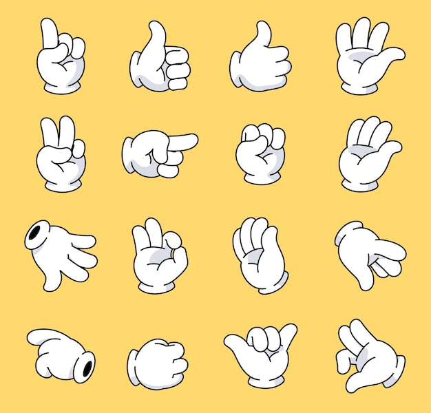 Comic hands in white gloves Different types of hand gestures Palms in different angles Body part