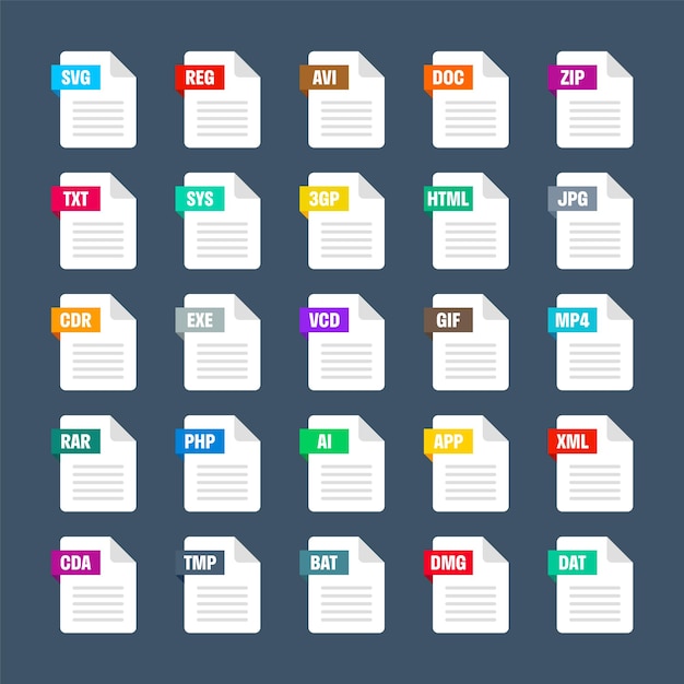 Common system file formats Document types and extensions Flat style icons collection Document pictogram web design UI element template Computer program or application icon Vector illustration