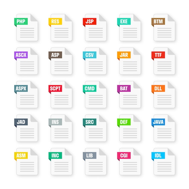 Common system file formats document types and extensions flat style icons collection document