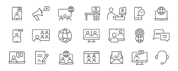 Communication icons set Online communication Discussion video conference talk Vector illustration