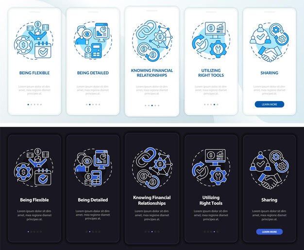 Company budget night and day mode onboarding mobile app screen