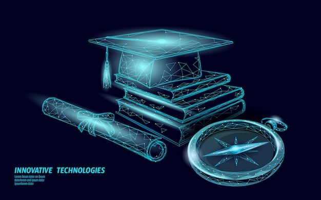 Compass graduation cap education. E-learning distance concept. Graduate certificate international global program concept. Low poly 3D education course