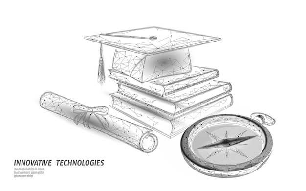 Compass graduation cap education. E-learning distance concept. Graduate certificate international global program concept. Low poly 3D education course