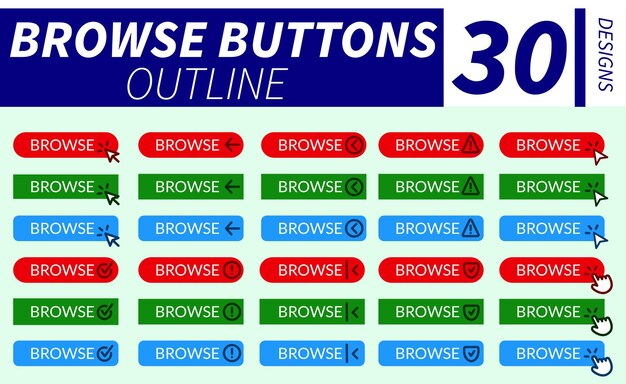 Complete set of browse buttons with hand pointer arrow pointer and other related icons with outlin