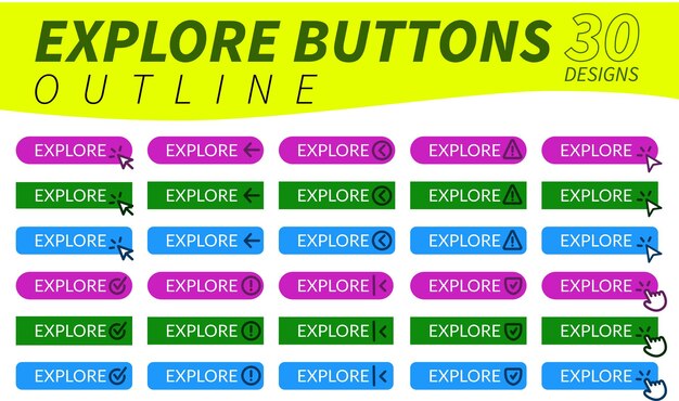 Complete set of explore buttons with hand pointer arrow pointer and other related icons in outline