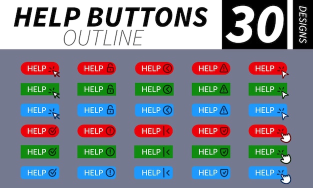 Complete set of help buttons with hand pointer arrow pointer and other related icons with outline