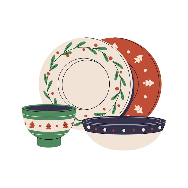 Composition of crockery with Christmas pattern Ceramic plates bowls with traditional Xmas ornament Cute pottery dishes for winter holiday Flat isolated vector illustration on white background