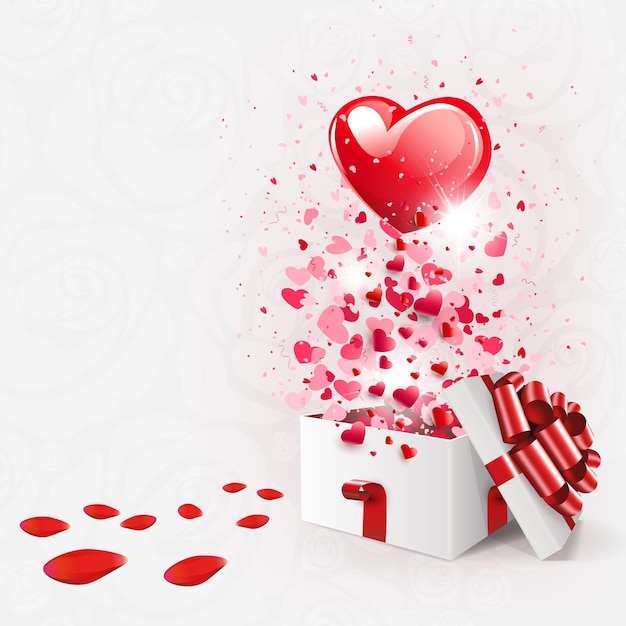 composition with a white square box with a bow with a set of hearts.