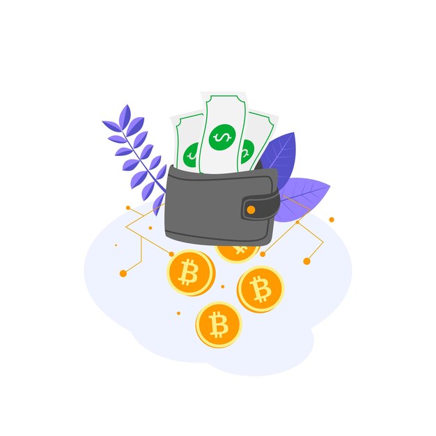 Composition with money and digital bitcoin wallet Flat concept of cryptocurrency wallet