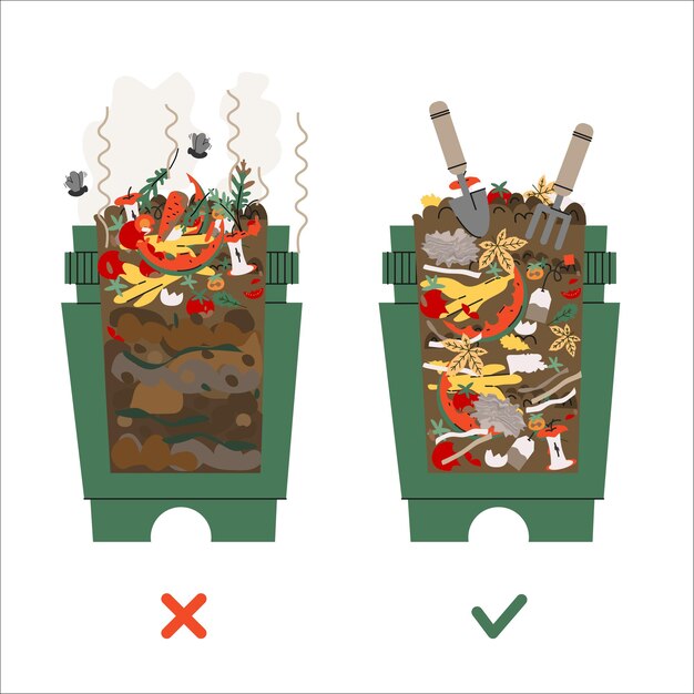 Composting guide illustration showing incorrect method only wet food waste left versus correct