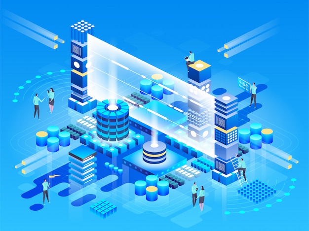 computation of big data center, information processing, database. internet traffic routing illustration