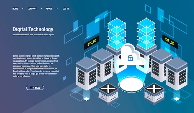 Computation of big data center, information processing, database. internet traffic routing, server room rack isometric vector technology.