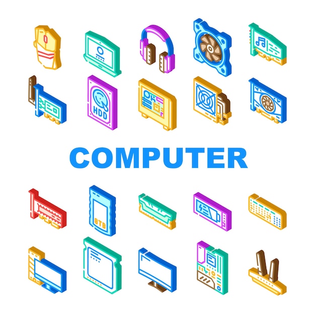 Computer Accessories And Parts Icons Set Vector Computer Mouse And Keyboard Video And Audio Card Hdd And Ssd Electronic Disk Ram And Cpu Motherboard Component Isometric Sign Color Illustrations