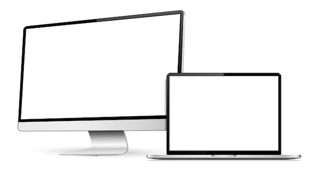 Computer and laptop with white screen isolated