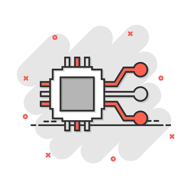 Computer chip icon in comic style Circuit board cartoon vector illustration on white isolated background Cpu processor splash effect business concept