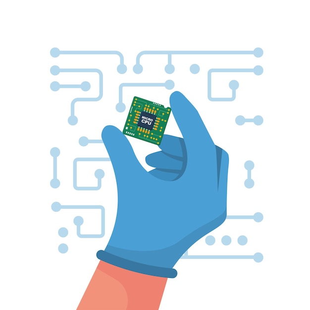 Computer chip in hand. Vector illustration flat design. Isolated on white background. CPU computer close up. Hands repairman in gloves hold processor microchip. Service Center Electronics.