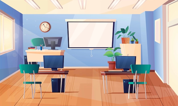 Computer classroom. Cartoon interior with board, clock on the wall, monitor, personal computers on desks, teacher table, books, plants in spots.