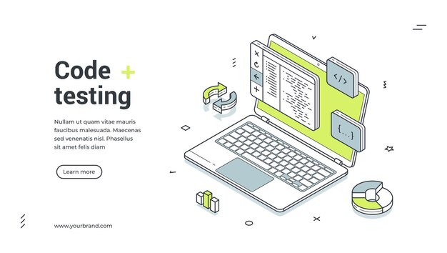 Computer code testing software programming isometric web banner design template vector