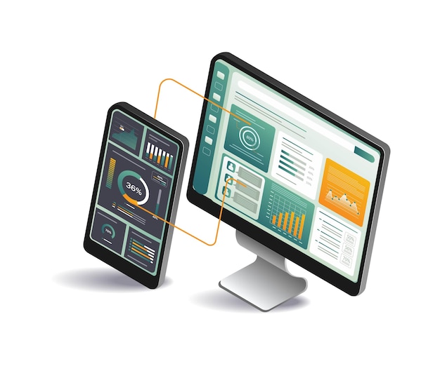 Computer data analysis dashboard with smartphone