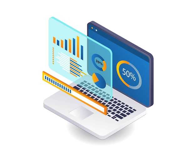 Computer data analysis technology infographics 3d illustration flat isometric