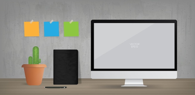 Computer display background in working area. Business background for interior design and decoration. Vector illustration.