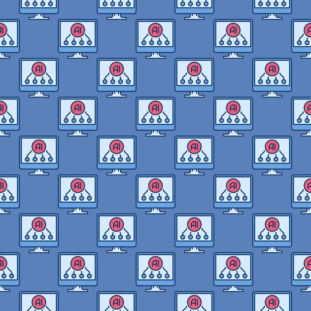 Computer Display with AI sign vector Artificial Intelligence Online Technology colored seamless pattern