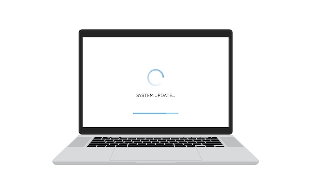 Computer laptop repair or Installing software system development concept. Data system update or synchronize with bar process with loading process in laptop screen isolated on white background.