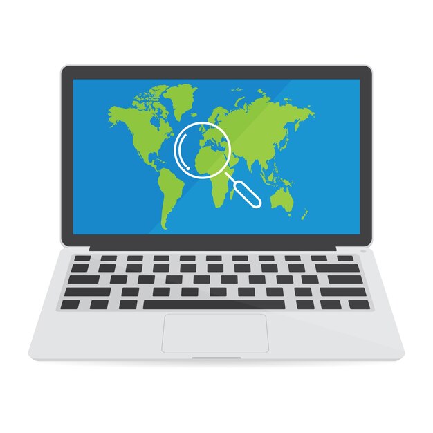 Computer laptop with word map and magnifying glass