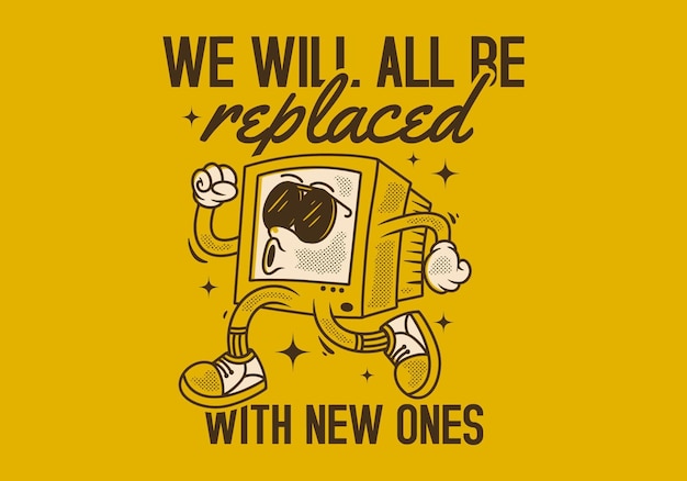 Computer monitor character design in running pose with retro vintage style