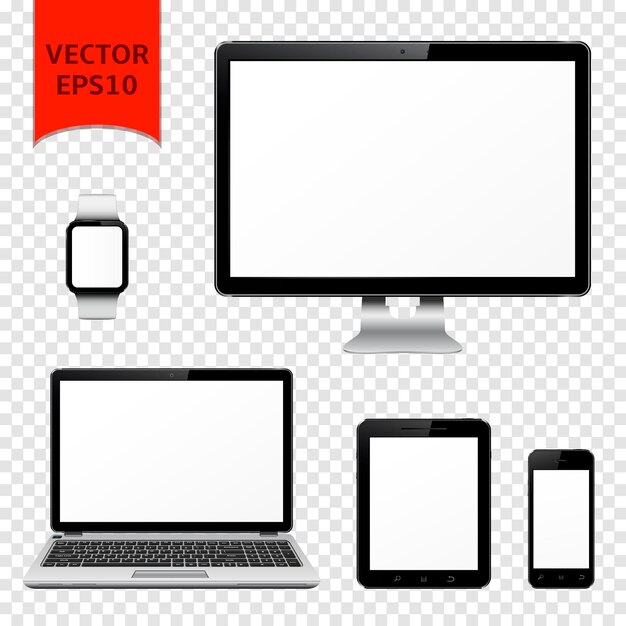 computer monitor laptop tablet pc mobile phone and smart watch isolated on transparent background