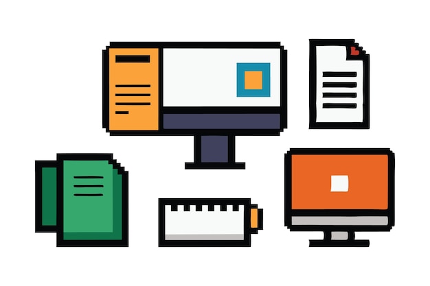 Computer monitor with keyboard opened application window directory folder and notepad text file program Pixel art set white background