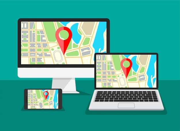 Computer monitor with map navigation on a screen. Laptop, phone display with GPS navigator and red pinpoint on them. Template for advertising travel banner. illustration