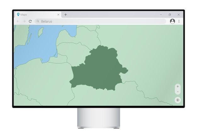 Computer monitor with map of Belarus in browser, search for the country of Belarus on the web mapping program.