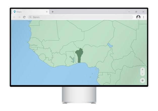 computer monitor with map of benin in browser, search for the country of benin on the web mapping program.