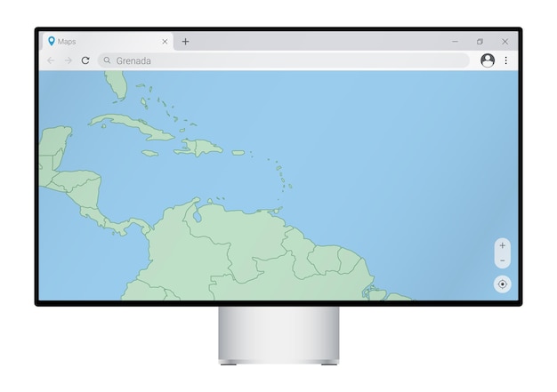Computer monitor with map of Grenada in browser search for the country of Grenada on the web mapping program