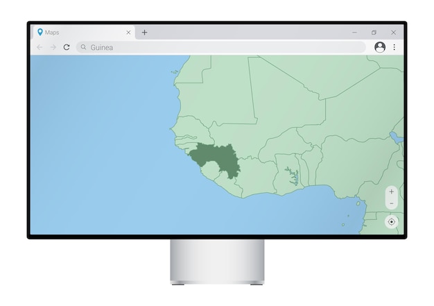 computer monitor with map of guinea in browser, search for the country of guinea on the web mapping program.