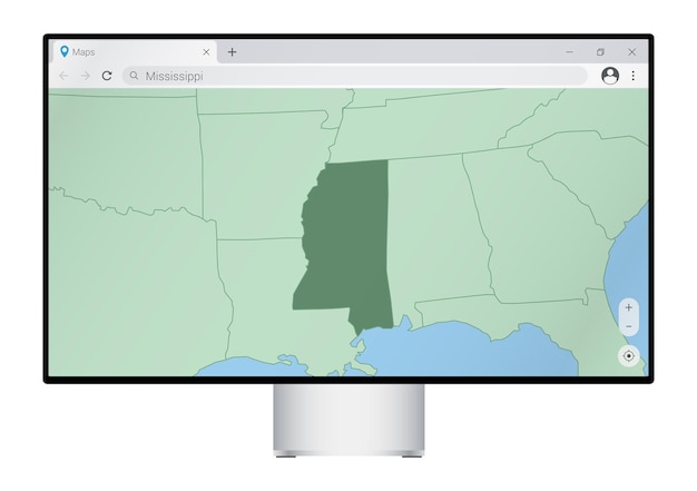 computer monitor with map of mississippi in browser search for the country of mississippi on the web mapping program