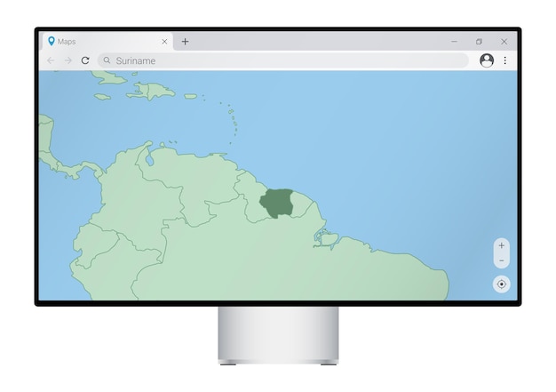 Computer monitor with map of Suriname in browser, search for the country of Suriname on the web mapping program.