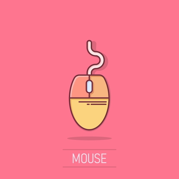 Computer mouse icon in comic style Cursor cartoon vector illustration on isolated background Pointer splash effect business concept