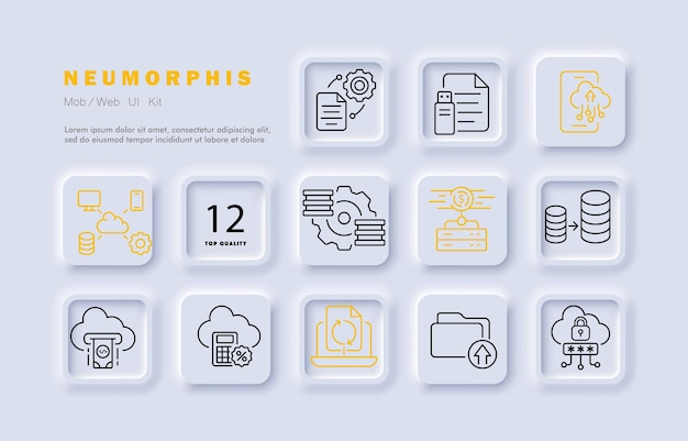 Computer operation set icon File management gear document flash drive cloud storage database money calculator laptop backup folder password Business concept Neomorphism Vector line icon