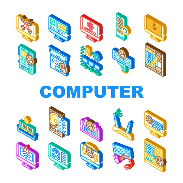 computer repair technician pc icons set vector