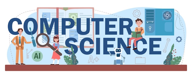 Computer science typographic header. Students learning about algorithms, ai and computers, scripts and data structure. IT education and technology. Flat vector illustration.