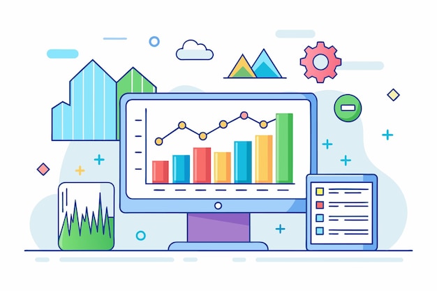 computer screen displaying a bar chart showing site statistics in a simple and minimalist design site stats simple and minimalist flat vector illustration