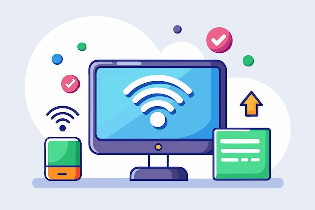 Computer screen showing a prominent WiFi symbol indicating connectivity to a wireless network The process of updating a computer with a wifi network Simple and minimalist flat Vector Illustration