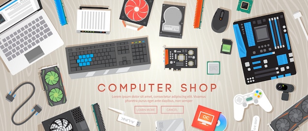 Computer shop. Various computer parts are on the table.   