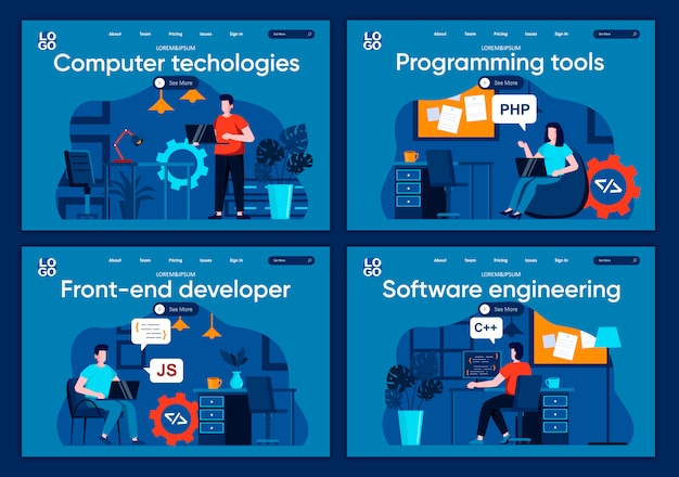 Computer technologies flat landing pages set. Software development company scenes for website or CMS web page. Programing tools, frontend developer, software engineering illustration.