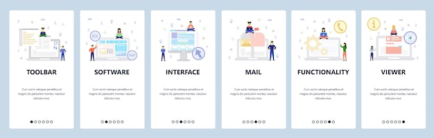 Computer technology icons interface software development Mobile app onboarding screens Menu vector banner template for website and mobile development Web site design flat illustration
