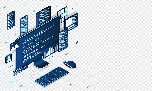 Computer technology isometric illustration Desktop computer platforms Software programming coding concept Code with computer monitor